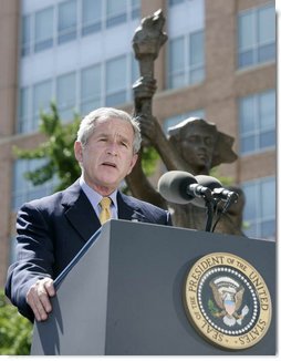 President George W. Bush addresses his remarks Tuesday, June 12, 2007, at the dedication ceremony for the Victims of Communism Memorial in Washington, D.C. President Bush, speaking on the anniversary of President Ronald Reagans Berlin Wall speech, said  Its appropriate that on the anniversary of that speech, that we dedicate a monument that reflects our confidence in freedoms power.  White House photo by Joyce Boghosian